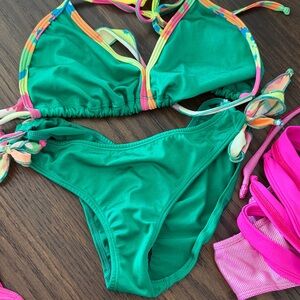 Green Triangle Bikini Set with Colorful Trim